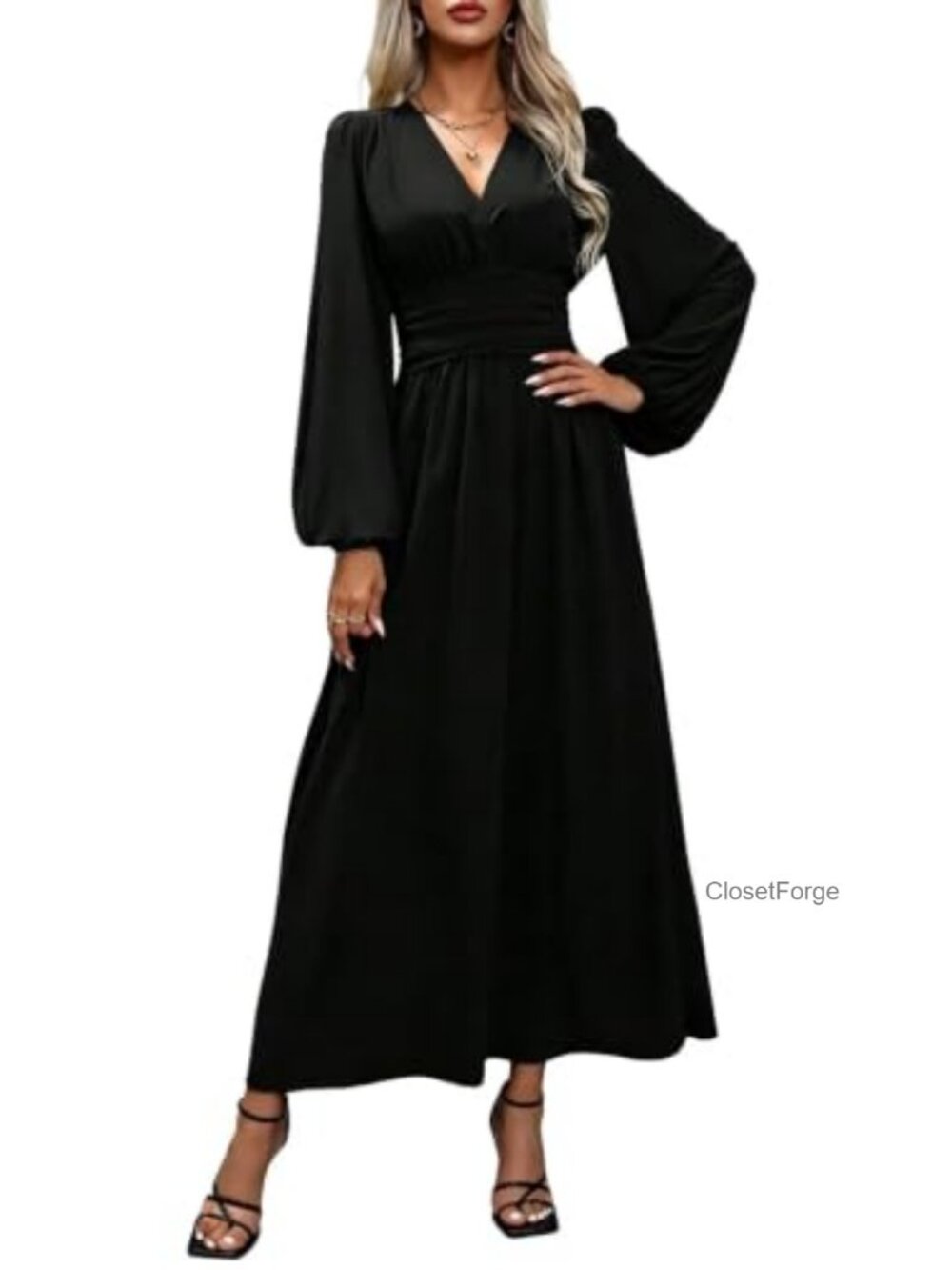 V Neck Lantern Sleeve Smocked Waist Maxi Dress Formal Wedding Guest